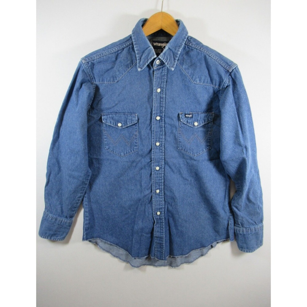 Vintage Wrangler Western Pearl Snap Denim Shirt Men 16.5-34 Xtra Long Tails